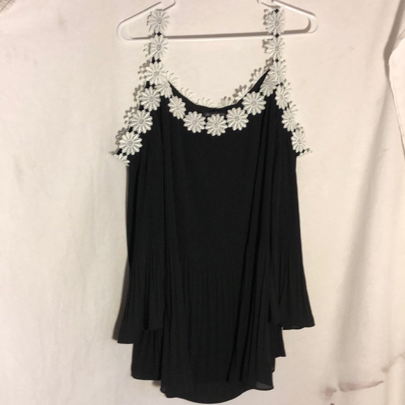 INC International Concepts Tops - plus size pleated black tank w/ white floral trim